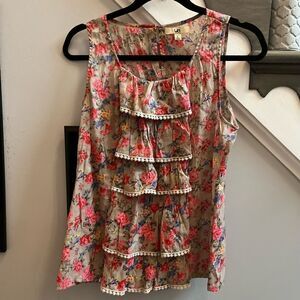 Ya Y2K Floral Print Tiered Pom Pom Crochet Tank Blouse sz L EUC